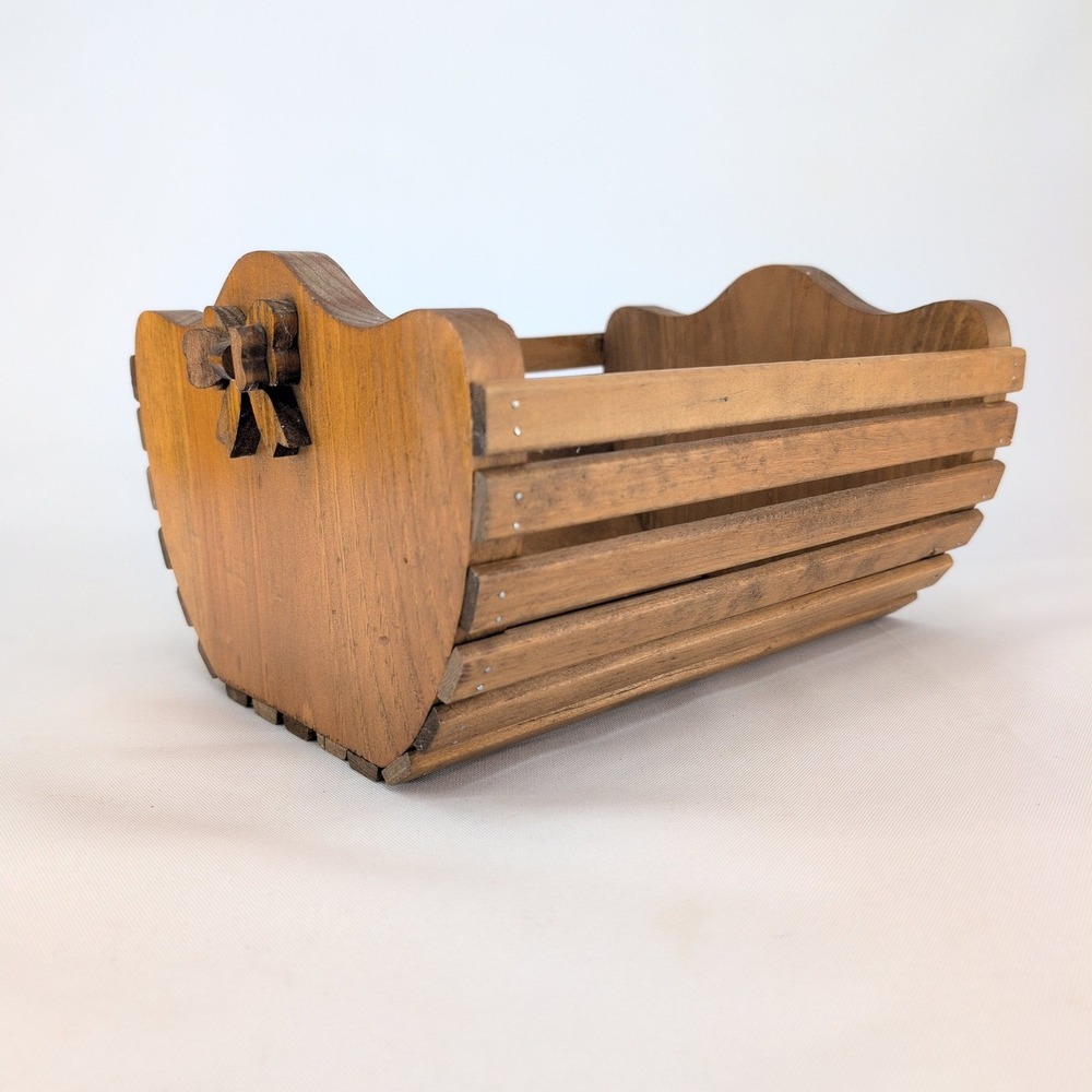 Vintage Wooden Slat Basket Brown Handcrafted Bow Detail